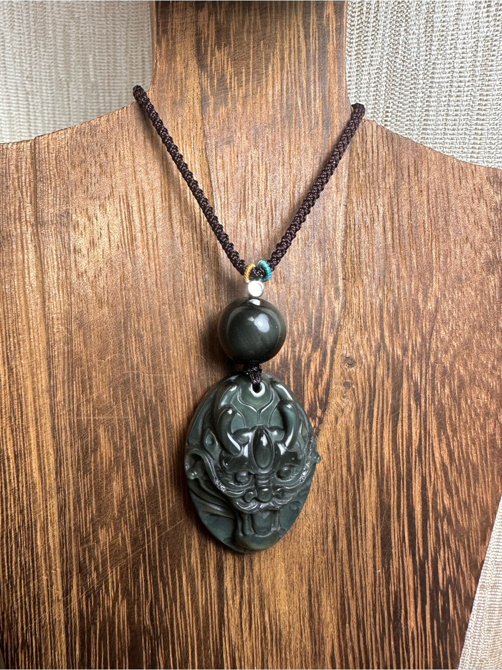 Rainbow Obsidian Dragon Carving Pendant Necklace on Adjustable Rope